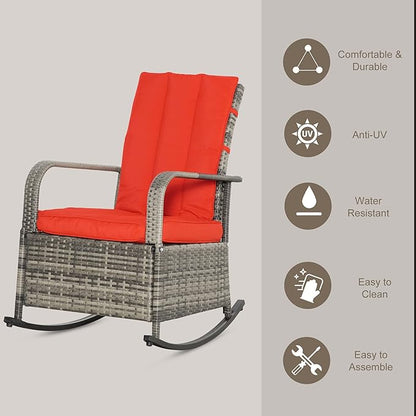 Outsunny Wicker Outdoor Rocking Chair, Patio Recliner with Adjustment Backrest, PE Rattan Lounge Chair with Adjustable Footrest and Cushions for Garden, Backyard, Porch, Red