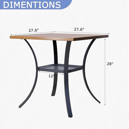 27.6" Square Outdoor Patio Table, All-Weather Metal Patio Table with Storage Shelf,Outdoor Dining Table for Lawn Garden Porch, Walnut