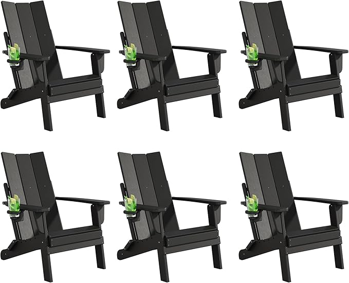 Folding Adirondack Chairs Set of 6, All-Weather Resistant HDPE Patio Firepit Chairs, Sturdy Outside Chairs with Cup Holder, Pre-Installed Lawn Chairs Load Capacity 385lb for Backyard, Black