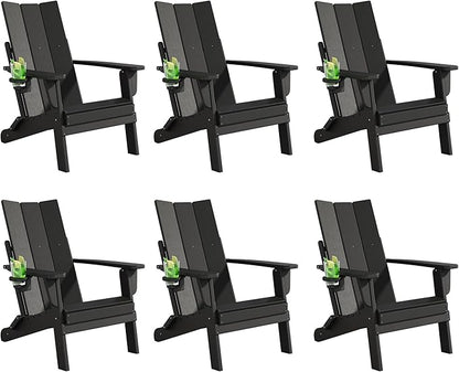 Folding Adirondack Chairs Set of 6, All-Weather Resistant HDPE Patio Firepit Chairs, Sturdy Outside Chairs with Cup Holder, Pre-Installed Lawn Chairs Load Capacity 385lb for Backyard, Black