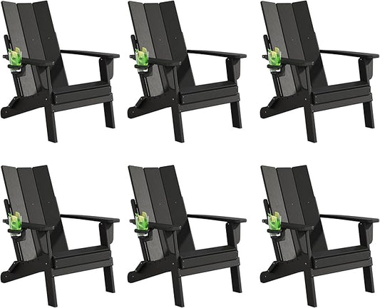 Folding Adirondack Chairs Set of 6, All-Weather Resistant HDPE Patio Firepit Chairs, Sturdy Outside Chairs with Cup Holder, Pre-Installed Lawn Chairs Load Capacity 385lb for Backyard, Black