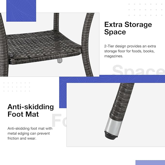 Patiorama Outdoor Wicker Patio Side Table, Weather Resistant Rattan Coffee Table, Square End Table, Aluminum Frame, Grey