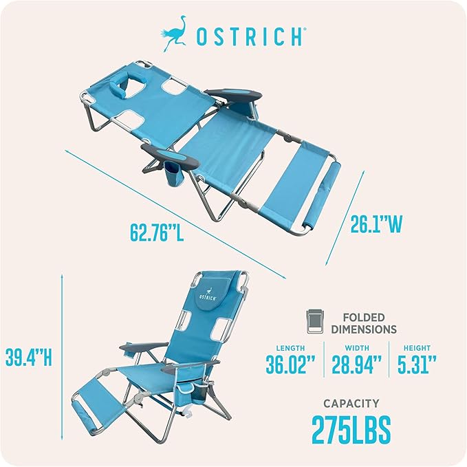 Ostrich The Backpack 3N1 Portable Chair with Cooler Bag and Reclining Lounger for Tanning, Camping, Beach, and Outdoor Essential, Light Blue
