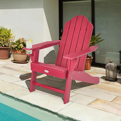 Tangkula Adirondack Chair Outdoor, Fade Resistant HDPE Armchairs with Cup Holder, Weather Resistant Lounger Chairs for Patio Garden Backyard Deck, Lawn Porch Seating, Adirondack Lounger (2, Red)