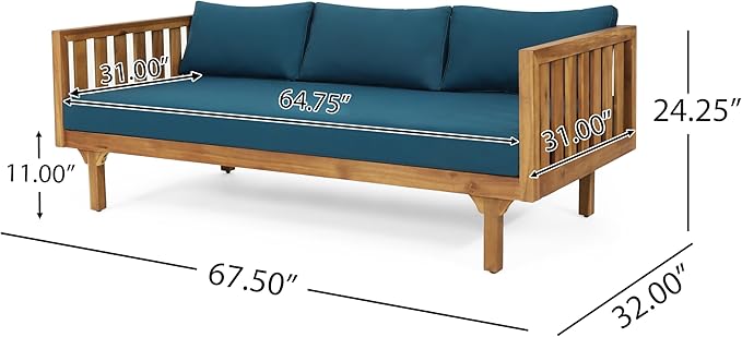 Claremont Outdoor 3 Seater Daybed with Cushions - Acacia Wood - Teak/Dark Teal - Photo 3