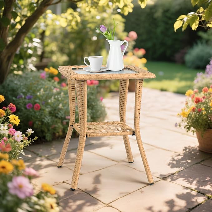 Outdoor Wicker Side Table, Rattan End Table with Glass Top, Patio Coffee Bistro Table for Indoor Garden Porch Balcony
