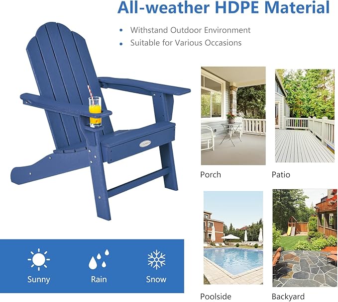Tangkula Adirondack Chair Outdoor, Fade Resistant HDPE Armchairs with Cup Holder, Weather Resistant Lounger Chairs for Patio Garden Backyard Deck, Lawn Porch Seating, Adirondack Lounger (2, Navy)