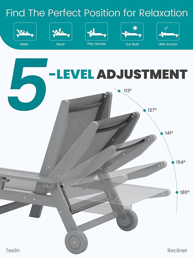 SERWALL Patio Chaise Lounge Chair, 5 Positions Outdoor Lounger for Pool - Photo 5