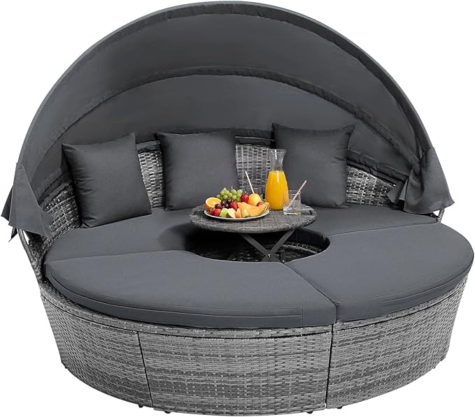 HAPPYGRILL Rattan Daybed with Canopy, Outdoor Wicker Round Daybed Patio Seating with Cushions & Adjustable Side Table - Photo 1