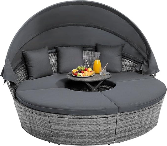 HAPPYGRILL Rattan Daybed with Canopy, Outdoor Wicker Round Daybed Patio Seating with Cushions & Adjustable Side Table, Patio Furniture for Backyard Porch Poolside