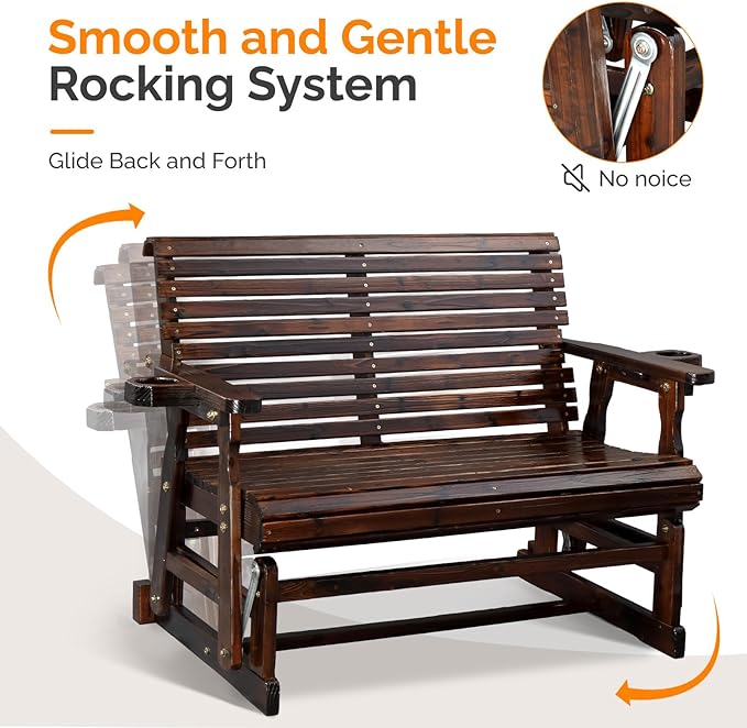 VINGLI Wooden Patio Glider, Heavy Duty 800 LBS Outdoor Glider with Cup Holders - Photo 6