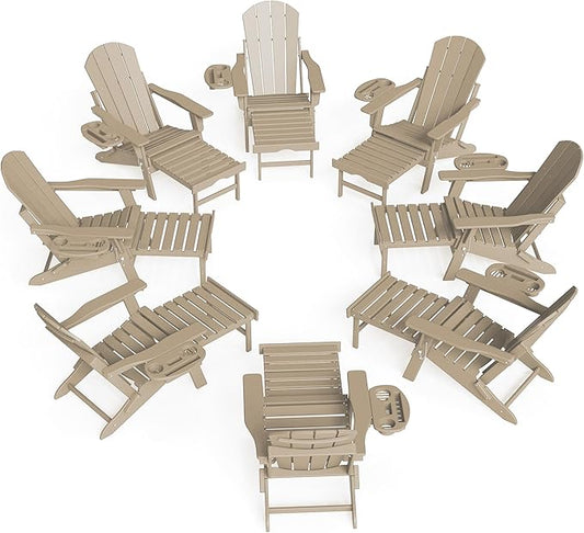 FOOWIN Adirondack Chair with Retractable Ottoman,HDPE Folding Adjustable Adirondack Chair w/4 in 1 Cup Holder Trays,All-Weather Resistant Fire Pit Chair for Outdoor Patio Lawn Set of 8