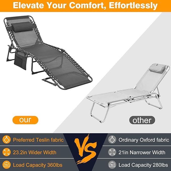 Folding Chaise Lounge Chair, Patio Teslin Tanning Chair, Outdoor Chaise Lounger with 5-Position Reclining Back, Breathable Mesh Seat for Beach, Poolside, Patio Sunbathing