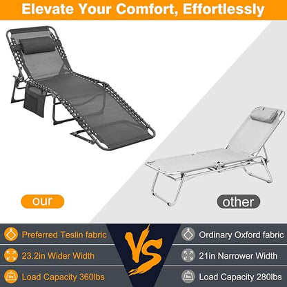 Folding Chaise Lounge Chair, Patio Teslin Tanning Chair, Outdoor Chaise Lounger with 5-Position Reclining Back, Breathable Mesh Seat for Beach, Poolside, Patio Sunbathing