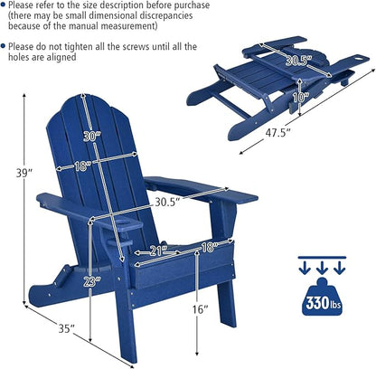 Giantex Adirondack Chair, Outdoor Folding Chairs, HDPE Weather Resistant Patio Chair with Built-in Cup Holder, Lawn Chair for Yard, Balcony, Deck, Outside, Campfire, Plastic Fire Pit Chair (1, Navy)