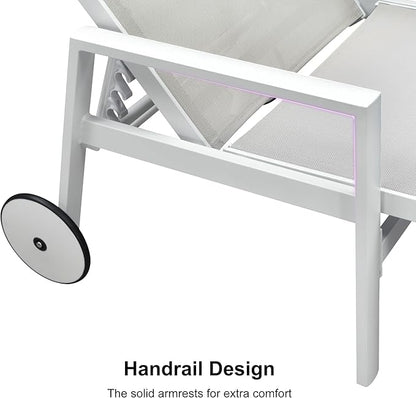 PURPLE LEAF Lounge Chair Outdoor Set 2 Pieces White Aluminum Chaise Lounge with Armrest and Wheels for Pool Deck Patio, Ivory