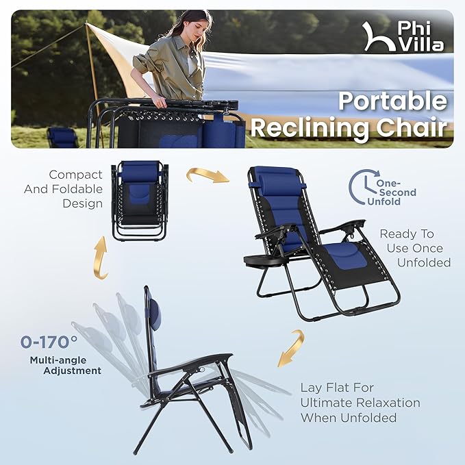 PHI VILLA Oversized Padded Zero Gravity Chair Set of 2, Foldable Patio Recliner, 26" Wide Seat Anti Gravity Lounger with Armrest and Cup Holder, Support 350 LBS (Navy Blue)