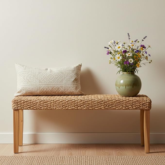 Indoor Bench Wicker for Entryway Bench, Wood Bench for Living Room Dining Bench or End of Bed Bench - Photo 9