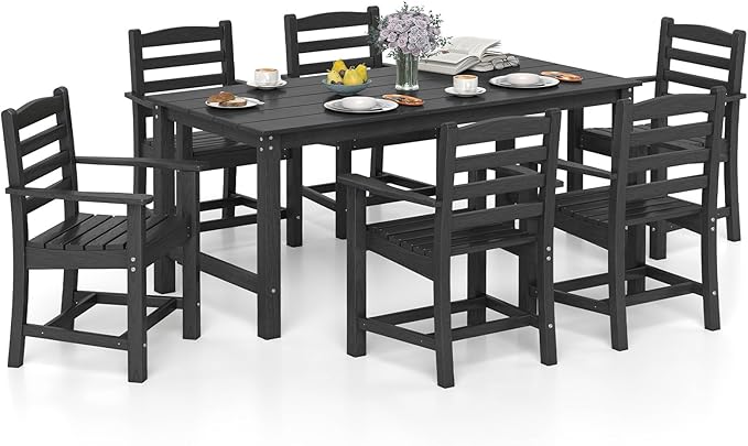 Tangkula 7 Pcs Outdoor Dining Table Set for 6, 67” HDPE Weather-Resistant Patio Rectangle Table & 6 Armchairs w/Curved Seat, Umbrella Hole, Wood Grain, Plastic Dining Furniture (Black, 7 Pcs)