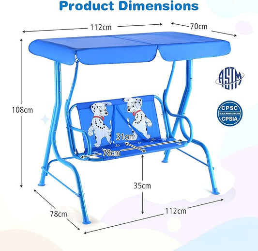 KOTEK Kids Patio Swing, 2-Seater Outdoor Hanging Bench with Adjustable Canopy, Safety Belt & Curved Armrest, Kids Swing Chair with Stand for Backyard, Garden, Lawn, Porch (Blue Puppy)