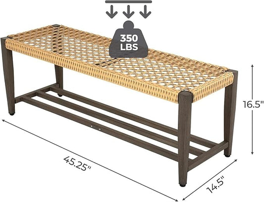 Grand patio Outdoor Wicker Bench with Storage 2-Seat Patio Bench for Garden Porch Living Room Bedroom