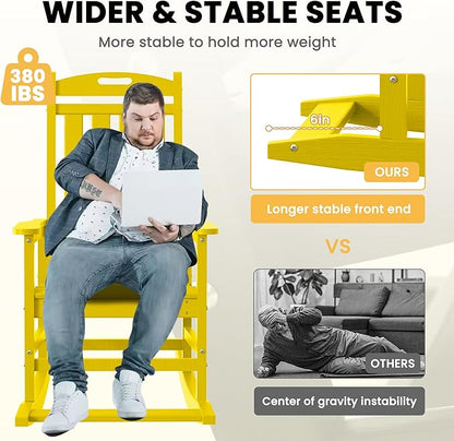 LOUNZY Outdoor Rocking Chair with Footboards Set of 2, HDPE Rocking Chair Patio Porch Rocker with 380lbs Support for Adult, Yellow