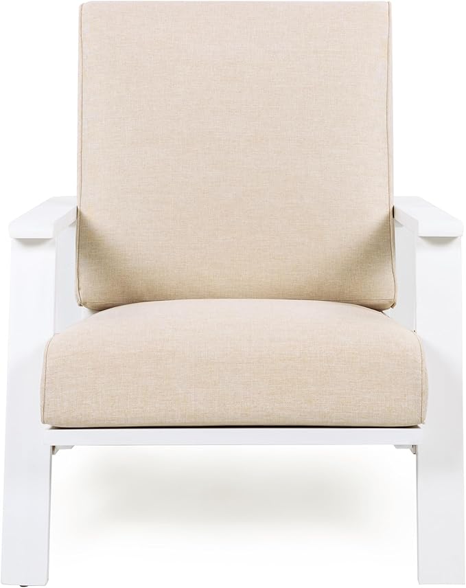 Christopher Knight Home Smeb Lounge Chair Outdoor with Cushions, Acacia Wood Adirondack Chair, Slatted Design Side Chair, Extra Seating for Balcony Backyard Poolside Garden, White + Beige