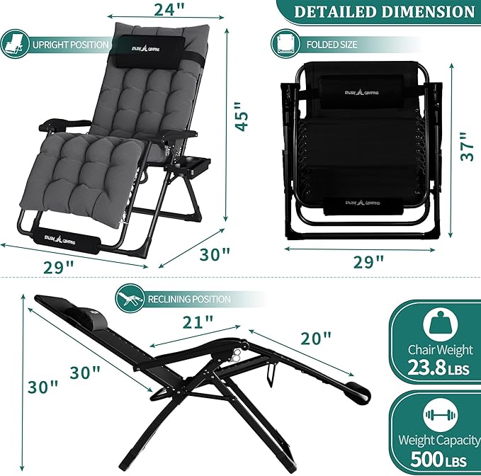 UDPATIO Oversized Zero Gravity Chair 33In XXL Patio Reclining Chair with Cushion, Outdoor Folding Recliner with Pillows - Photo 3