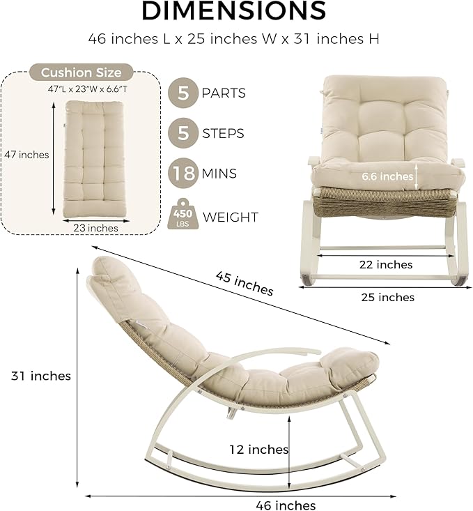 IRONCK Outdoor Rocking Chair with Armrest and Cushion, Patio Rocking Chair, 480lbs Capacity - Photo 2