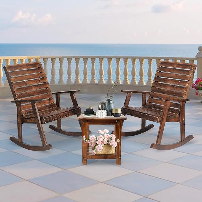 3 Piece Wood Rocking Chair with Table, Outdoor Bistro Set High Back Rocker Table Set, Wood Rocking Chair Set with Coffee Table Wooden Rocker for Deck, Garden, Backyard, Porch