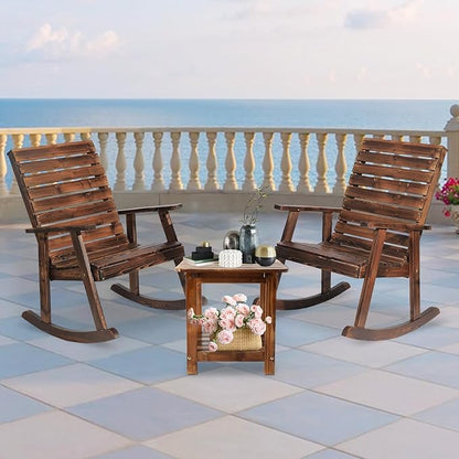 3 Piece Wood Rocking Chair with Table, Outdoor Bistro Set High Back Rocker Table Set, Wood Rocking Chair Set with Coffee Table Wooden Rocker for Deck, Garden, Backyard, Porch