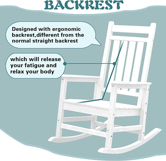 Outdoor Rocking Chair for Adults, High Back Patio Rocking Chair, HDPE All Weather Resistant Porch Rocker for Lawn, Porch, Backyard, Indoor and Garden (White)
