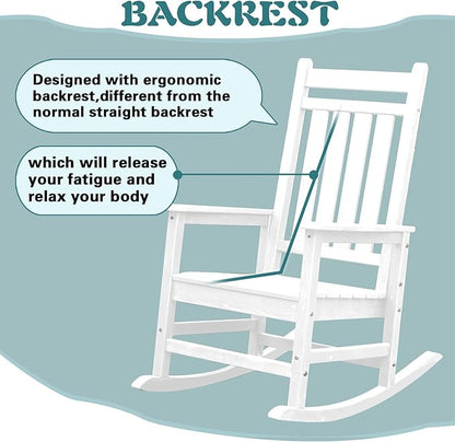Outdoor Rocking Chair for Adults, High Back Patio Rocking Chair, HDPE All Weather Resistant Porch Rocker for Lawn, Porch, Backyard, Indoor and Garden (White)