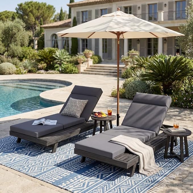 Lounge Chaise Set with Headrest and Side Space for Outdoor Relaxation, Acacia Wood Frame with Water-Resistant Cushions - Photo 3