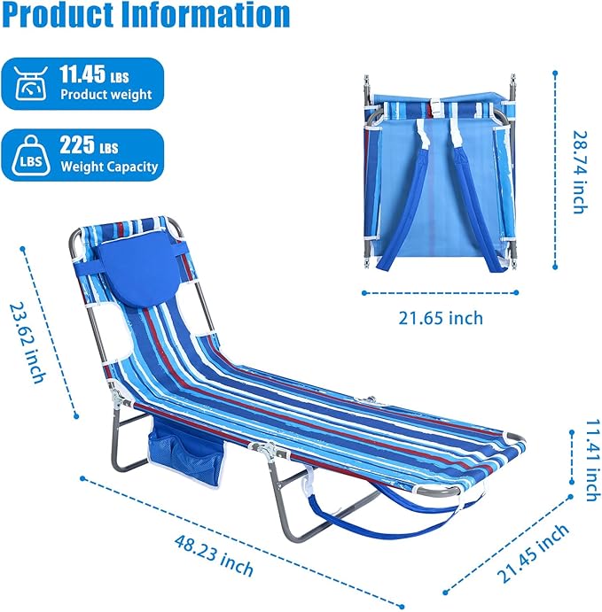 daystar SunnyFeel Beach Lounge Chair, Backpack Reclining Beach Chairs Lay Flat, Face Down Tanning Chair, Folding Camping Chairs Portable Camp Cot with Backpack Straps for Outdoor/Picnic/Lawn