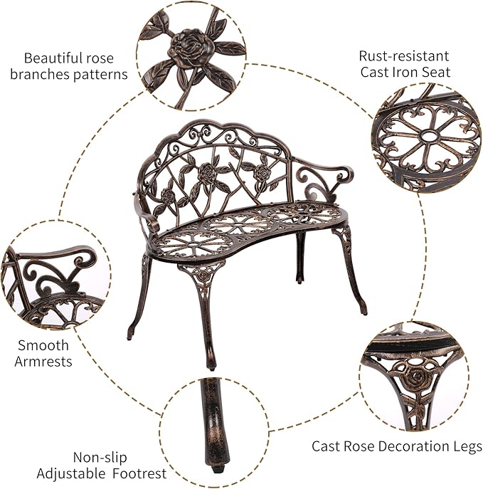 YRLLENSDAN Outdoor Bench 40in Steel Front Porch Decor Floral Garden Bench, Rose Metal Bench Outdoor Loveseat Cast Iron Patio Furniture Lawn Path Yard Deck Decor for 2 Person Seat, Bronze