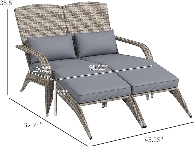 Outsunny Wicker Adirondack Chair for 2 with Cushions & Footrests, PE Rattan Double Chaise Lounge Chair - Photo 7