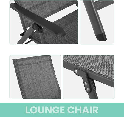 Patio Lounge Chair Chaise Lounges Patio Folding Lounge Chairs for Outside Patio Pool Beach Yard with Adjustable Reclining Lounge Chairs Set of 2 - Gery