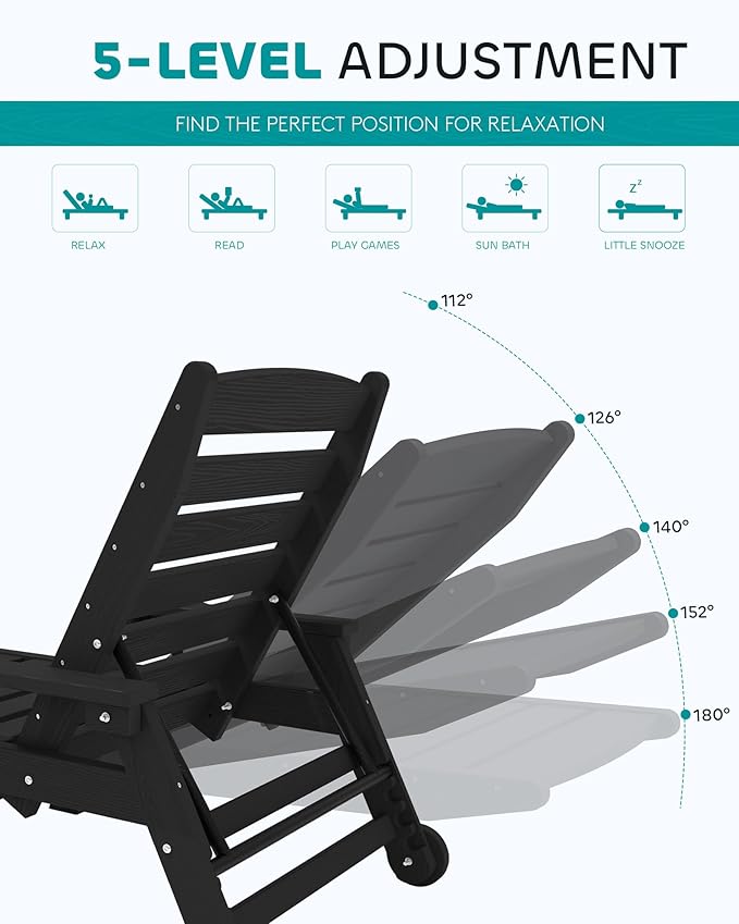 SERWALL Patio Chaise Lounge Chair Set of 4, 5 Positions Adjustable Poly Outdoor Lounger for Pool - Photo 3