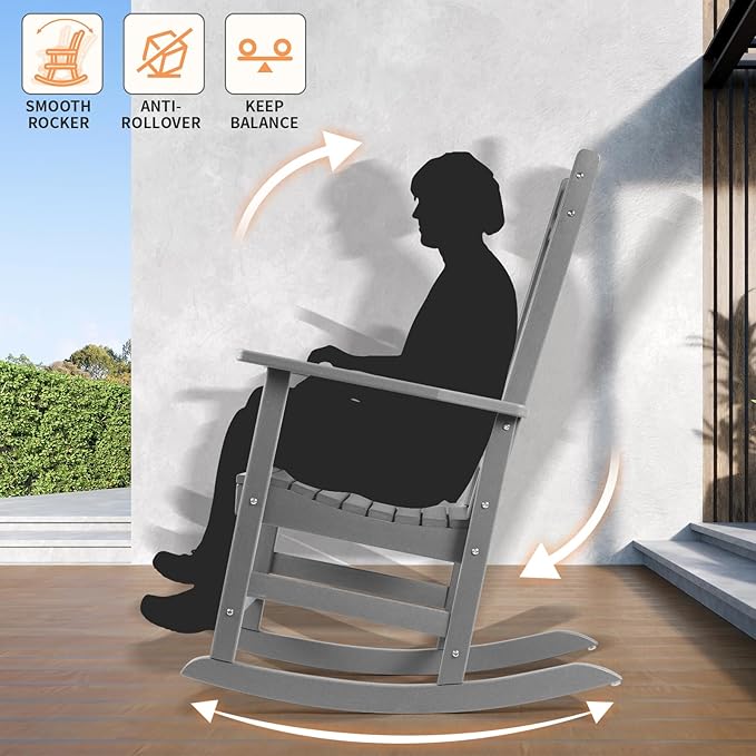 FUNBERRY Outdoor Rocking Chairs, HDPE All Weather Poly Lumber Rocker, High Back Patio Rockers Easy Assembly