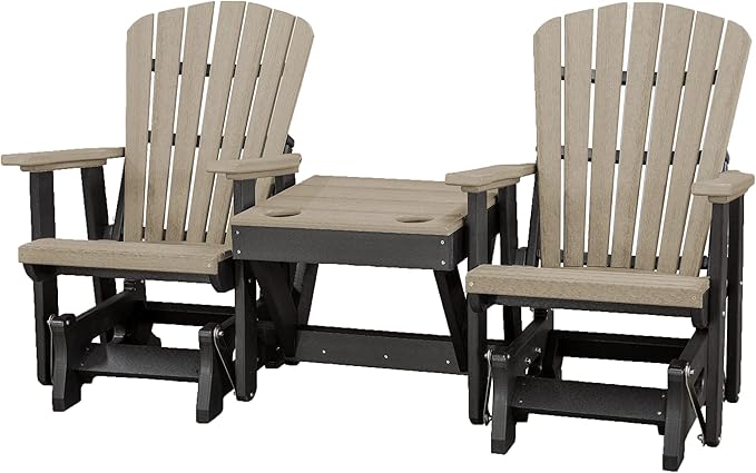 DutchCrafters Slat Fan Back Double Poly Adirondack Glider Outdoor Patio Chairs with Center Table (Black & Weatherwood)