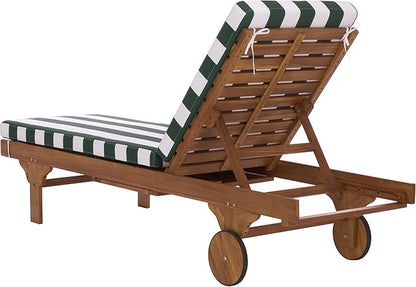SAFAVIEH Outdoor Patio Furniture Collection - Newport Natural Solid Wood Chaise Lounge Chair with Green Stripe Cushion, Adjustable Backrest (PAT7316H)