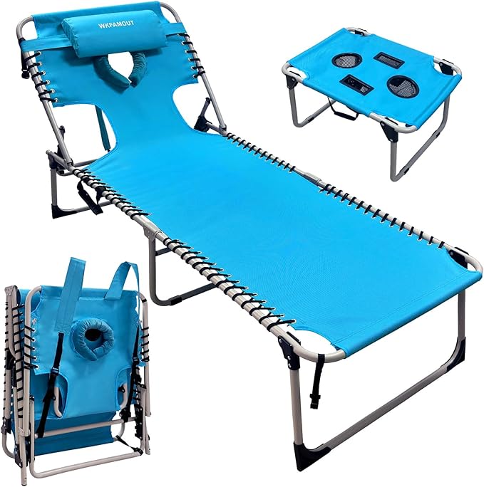 Backpack Sun Tanning Chair with Face Hole & Beach Table, 5-Position Adjustable Folding Lounge Chair Outdoor for Lawn Patio Garden