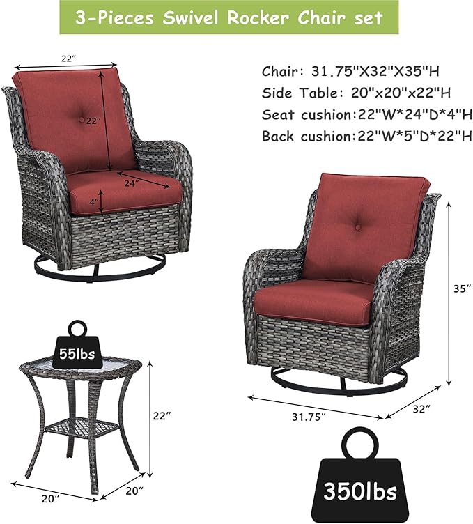Rilyson Patio Chairs Rocking Swivel Chiar - 3 Piece Outdoor Wicker Patio Bistro Set Rattan Rocker Glider Chairs with - Photo 2