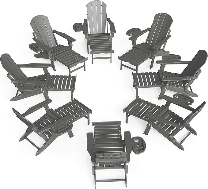 FOOWIN Adirondack Chair with Retractable Ottoman,HDPE Folding Adjustable Adirondack Chair w/4 in 1 Cup Holder Trays,All-Weather Resistant Fire Pit Chair for Outdoor Patio Lawn Set of 8