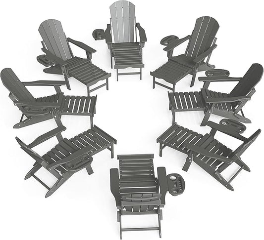 FOOWIN Adirondack Chair with Retractable Ottoman,HDPE Folding Adjustable Adirondack Chair w/4 in 1 Cup Holder Trays,All-Weather Resistant Fire Pit Chair for Outdoor Patio Lawn Set of 8