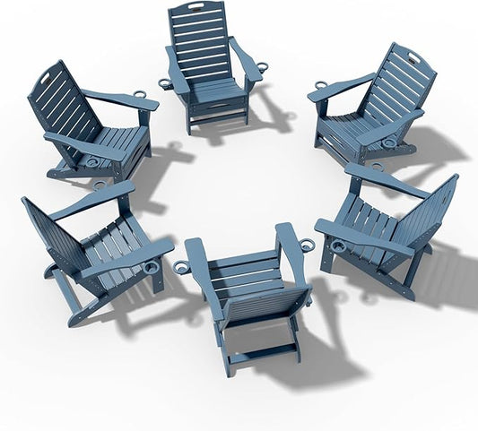 Folding Adirondack Chairs Set of 6,Adirondack Chair with Retractable Ottoman,Plastic Adirondack Chairs with 2 Cup Holder,Weather Resistant Patio Chair,Outdoor Chairs Set of 6(Navy Blue)