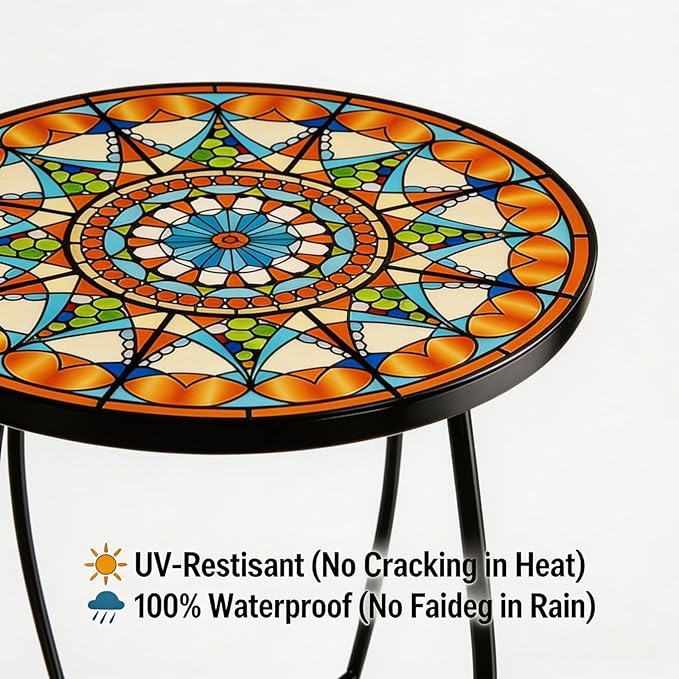 Set of 2 Mosaic Outdoor Side Tables Round, 15 Inch Height - Small Patio Table Set - Photo 3