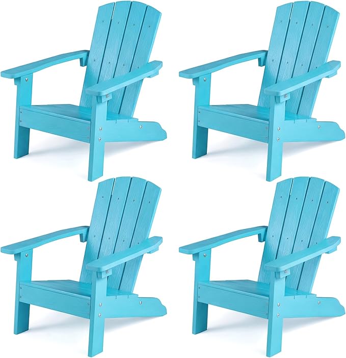 KOTEK Kids Adirondack Chair Set of 4, Plastic Toddler Lawn Chair with Ergonomic Seat, Wood-Grain Texture, Easy to Assemble, All-Weather Outdoor Kids Chairs for Patio, Garden, Backyard (Turquoise)