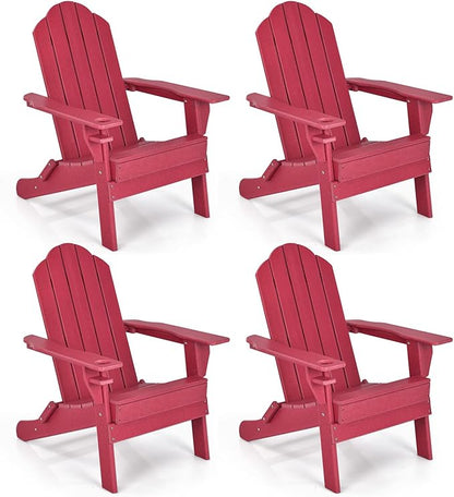 Giantex 4 Pack Adirondack Chair, Outdoor Folding Chairs, HDPE Weather Resistant Patio Chair with Built-in Cup Holder, Lawn Chair for Yard, Balcony, Deck, Outside, Campfire, Plastic Fire Pit Chair